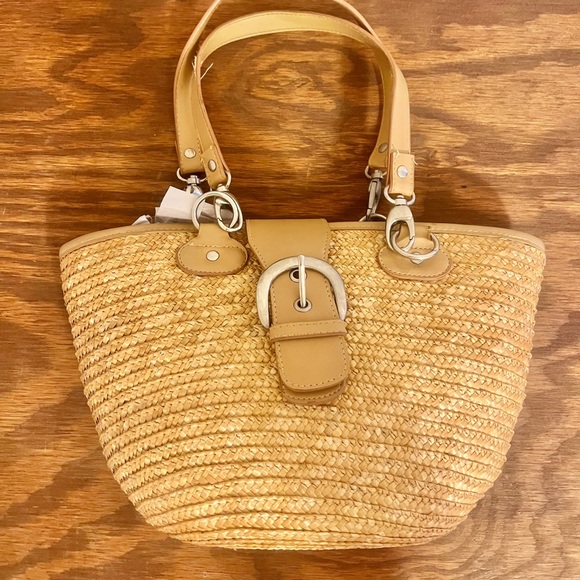 NWOT St. John’s Bay Tan Straw Satchel Summer Tote with Beige Trim - Picture 2 of 13